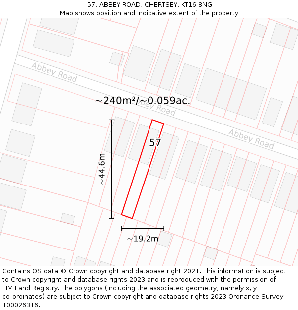 57, ABBEY ROAD, CHERTSEY, KT16 8NG: Plot and title map