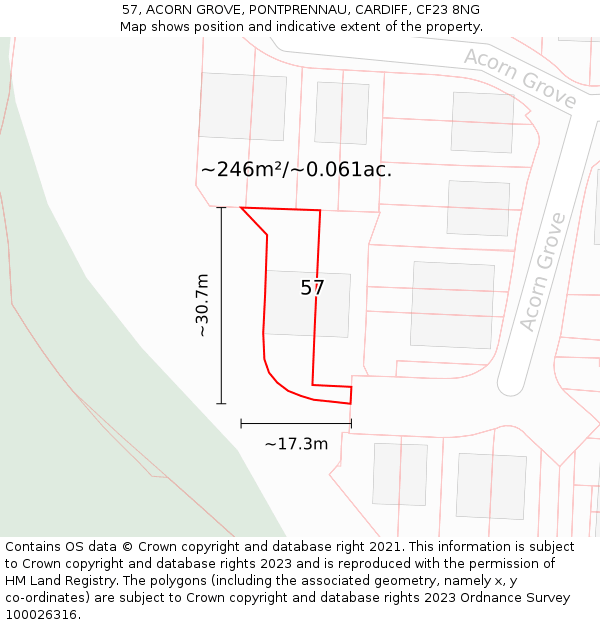 57, ACORN GROVE, PONTPRENNAU, CARDIFF, CF23 8NG: Plot and title map