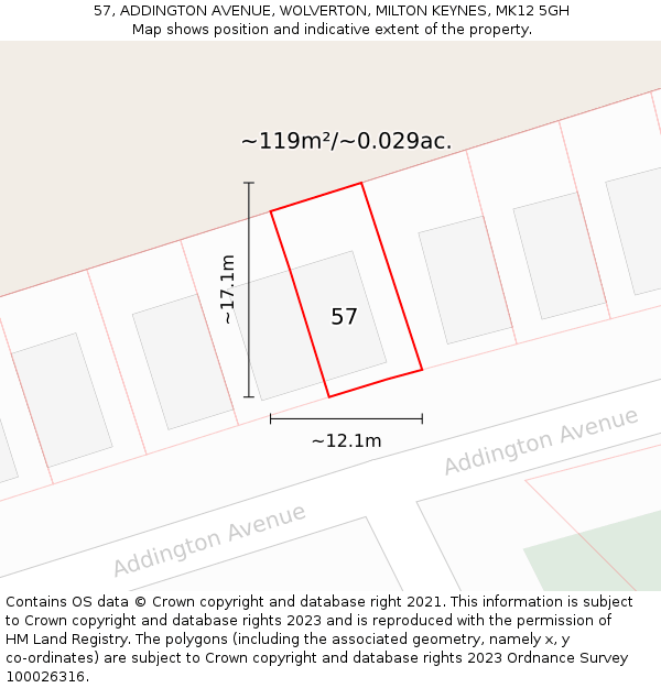 57, ADDINGTON AVENUE, WOLVERTON, MILTON KEYNES, MK12 5GH: Plot and title map