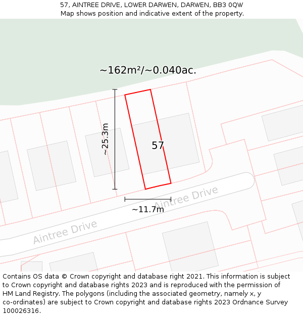 57, AINTREE DRIVE, LOWER DARWEN, DARWEN, BB3 0QW: Plot and title map