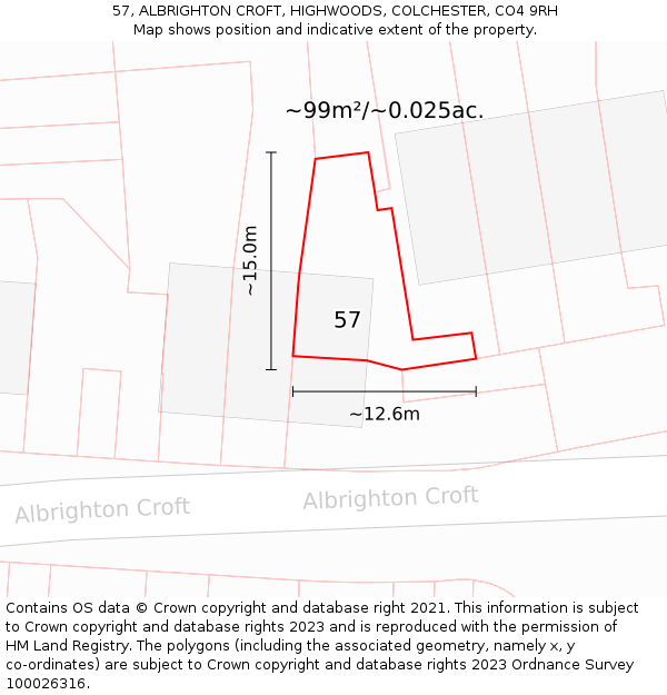 57, ALBRIGHTON CROFT, HIGHWOODS, COLCHESTER, CO4 9RH: Plot and title map