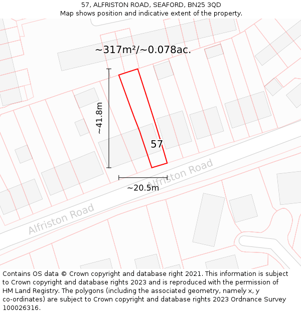 57, ALFRISTON ROAD, SEAFORD, BN25 3QD: Plot and title map
