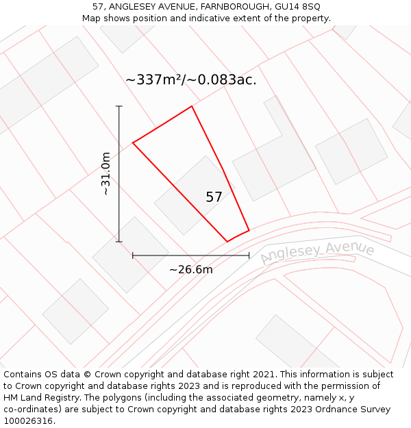 57, ANGLESEY AVENUE, FARNBOROUGH, GU14 8SQ: Plot and title map