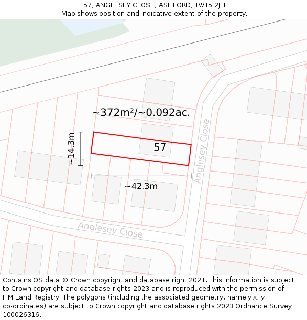 57, ANGLESEY CLOSE, ASHFORD, TW15 2JH: Plot and title map