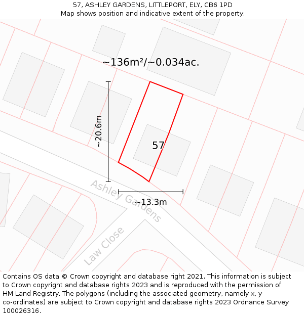 57, ASHLEY GARDENS, LITTLEPORT, ELY, CB6 1PD: Plot and title map