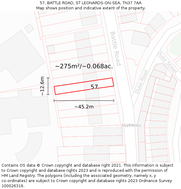 57, BATTLE ROAD, ST LEONARDS-ON-SEA, TN37 7AA: Plot and title map