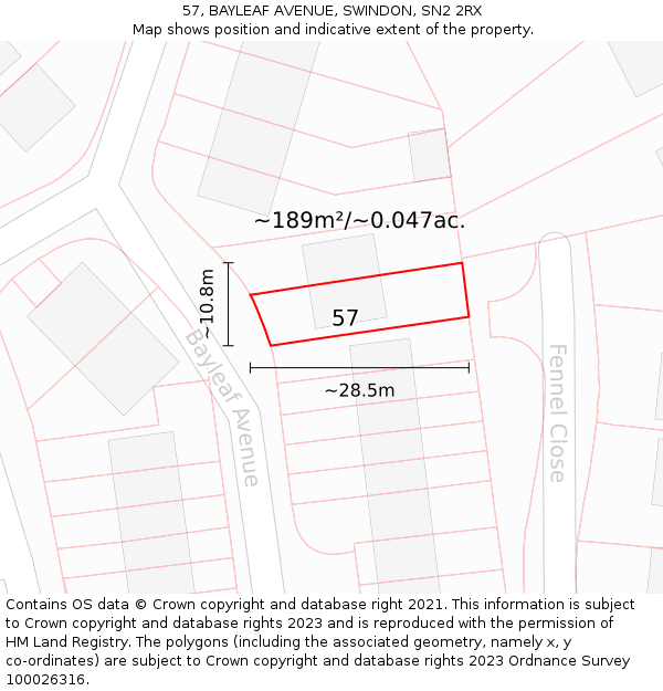 57, BAYLEAF AVENUE, SWINDON, SN2 2RX: Plot and title map