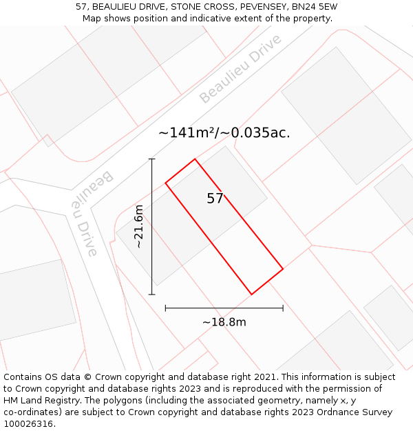 57, BEAULIEU DRIVE, STONE CROSS, PEVENSEY, BN24 5EW: Plot and title map