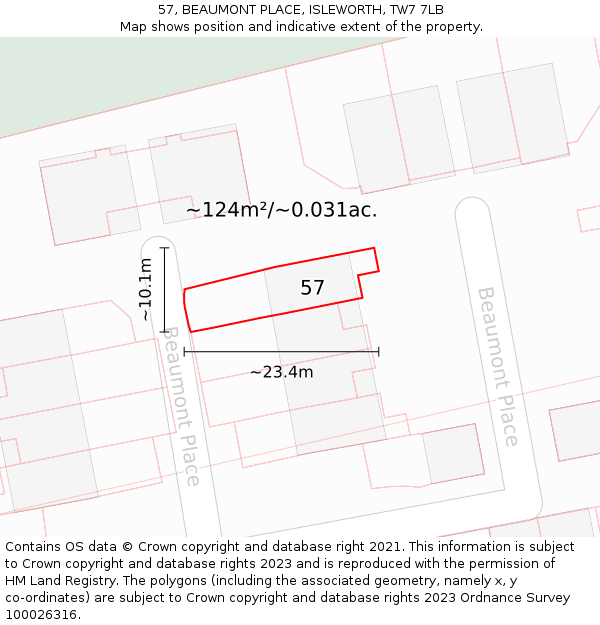 57, BEAUMONT PLACE, ISLEWORTH, TW7 7LB: Plot and title map