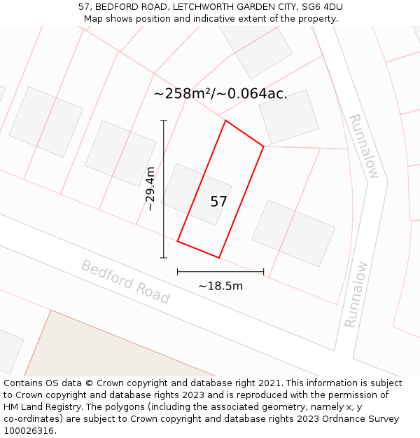 57, BEDFORD ROAD, LETCHWORTH GARDEN CITY, SG6 4DU: Plot and title map