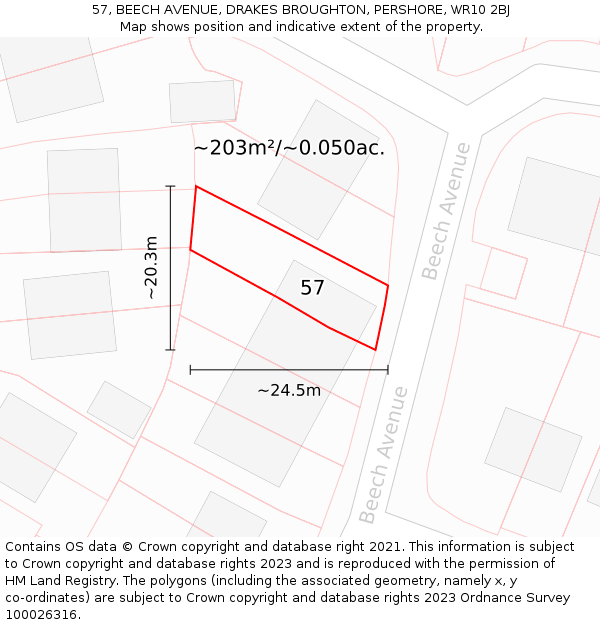 57, BEECH AVENUE, DRAKES BROUGHTON, PERSHORE, WR10 2BJ: Plot and title map