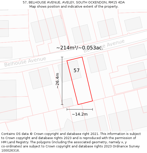 57, BELHOUSE AVENUE, AVELEY, SOUTH OCKENDON, RM15 4DA: Plot and title map