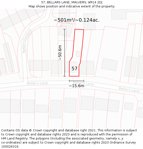 57, BELLARS LANE, MALVERN, WR14 2DJ: Plot and title map