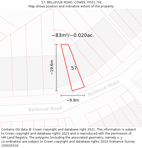 57, BELLEVUE ROAD, COWES, PO31 7HJ: Plot and title map