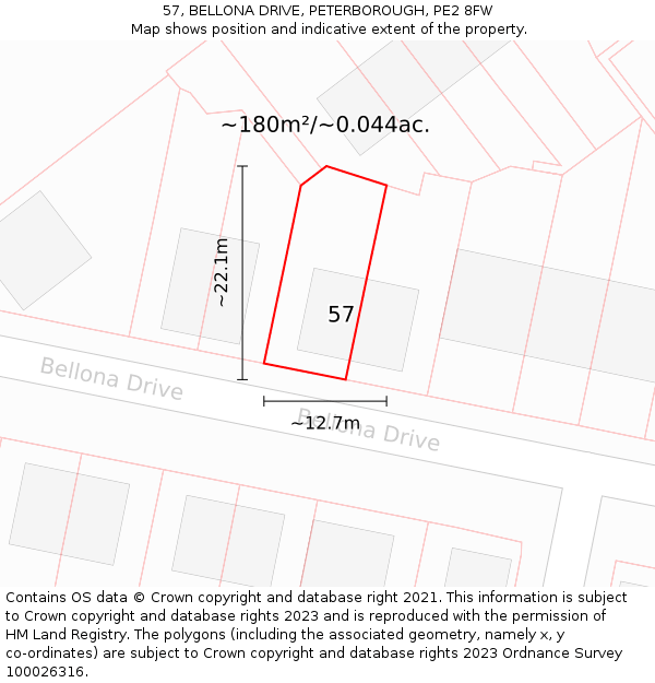 57, BELLONA DRIVE, PETERBOROUGH, PE2 8FW: Plot and title map