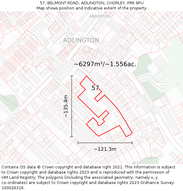 57, BELMONT ROAD, ADLINGTON, CHORLEY, PR6 9PU: Plot and title map