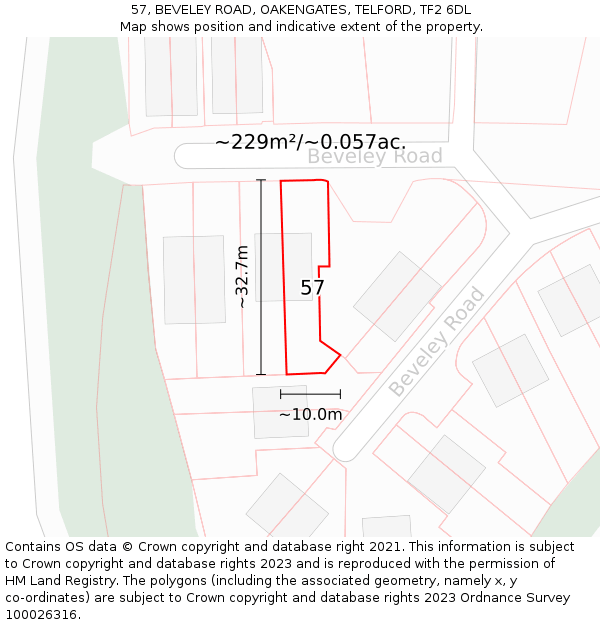 57, BEVELEY ROAD, OAKENGATES, TELFORD, TF2 6DL: Plot and title map