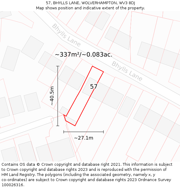 57, BHYLLS LANE, WOLVERHAMPTON, WV3 8DJ: Plot and title map