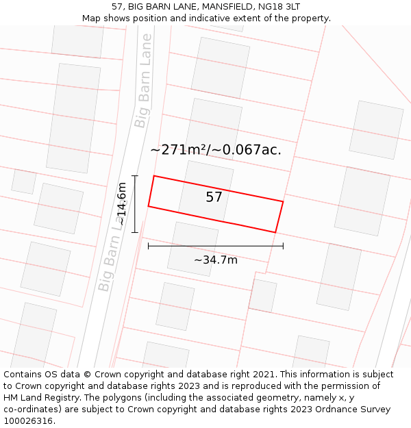 57, BIG BARN LANE, MANSFIELD, NG18 3LT: Plot and title map