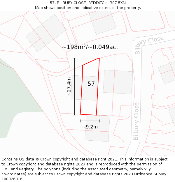 57, BILBURY CLOSE, REDDITCH, B97 5XN: Plot and title map