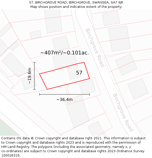 57, BIRCHGROVE ROAD, BIRCHGROVE, SWANSEA, SA7 9JR: Plot and title map