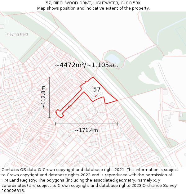 57, BIRCHWOOD DRIVE, LIGHTWATER, GU18 5RX: Plot and title map