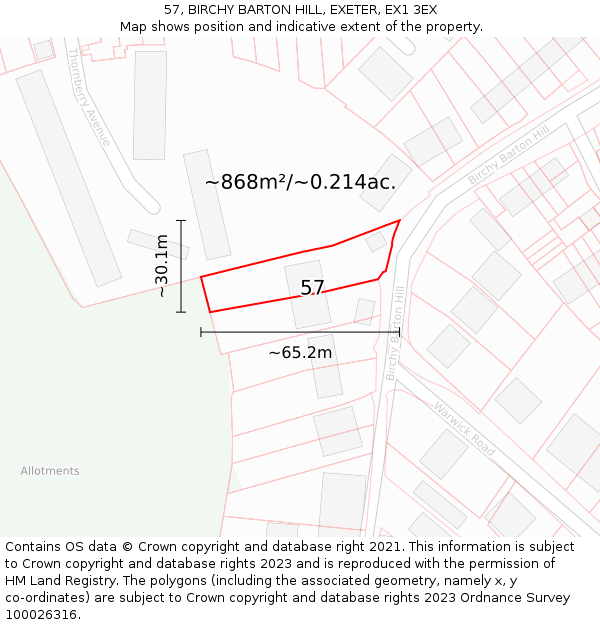 57, BIRCHY BARTON HILL, EXETER, EX1 3EX: Plot and title map