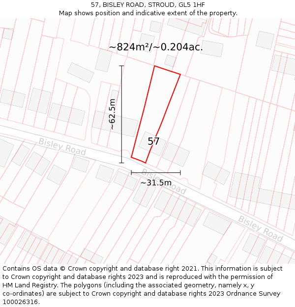 57, BISLEY ROAD, STROUD, GL5 1HF: Plot and title map