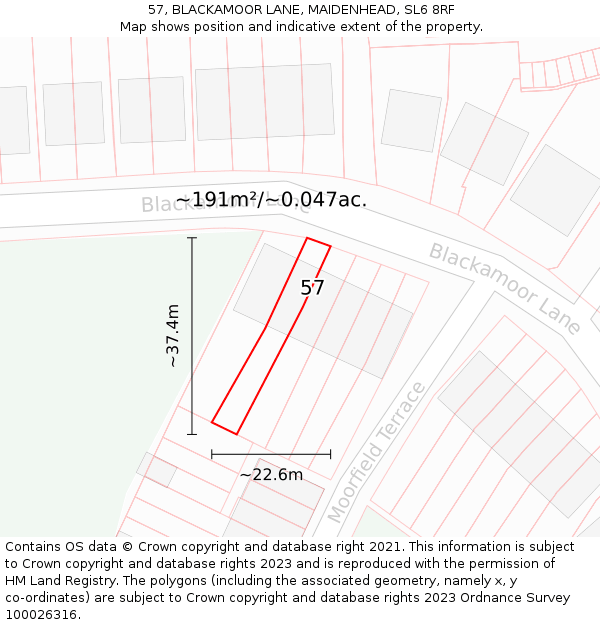 57, BLACKAMOOR LANE, MAIDENHEAD, SL6 8RF: Plot and title map