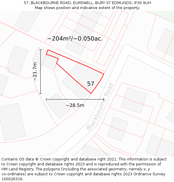 57, BLACKBOURNE ROAD, ELMSWELL, BURY ST EDMUNDS, IP30 9UH: Plot and title map