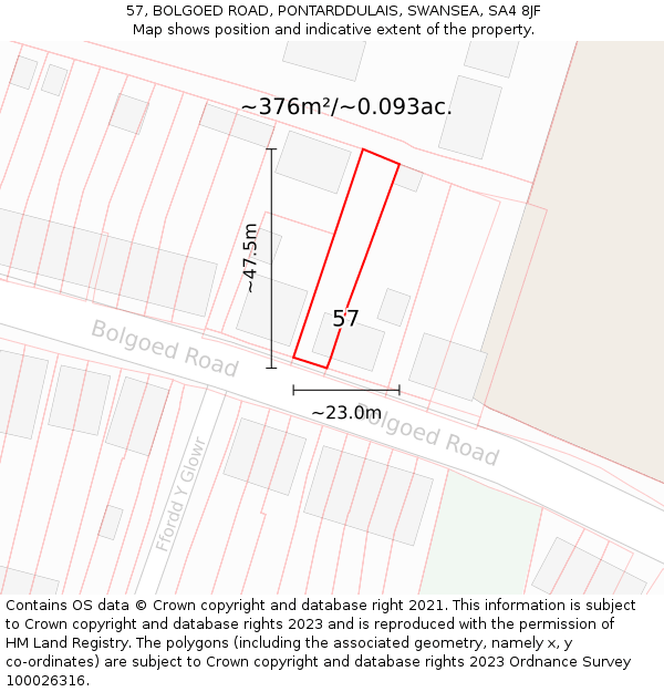 57, BOLGOED ROAD, PONTARDDULAIS, SWANSEA, SA4 8JF: Plot and title map
