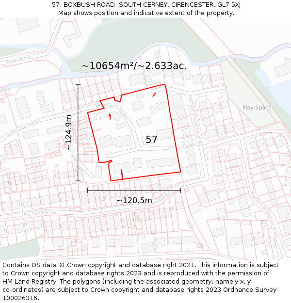57, BOXBUSH ROAD, SOUTH CERNEY, CIRENCESTER, GL7 5XJ: Plot and title map