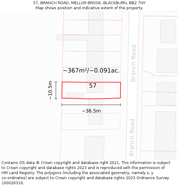 57, BRANCH ROAD, MELLOR BROOK, BLACKBURN, BB2 7NY: Plot and title map