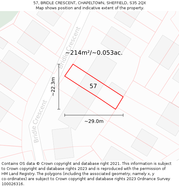 57, BRIDLE CRESCENT, CHAPELTOWN, SHEFFIELD, S35 2QX: Plot and title map