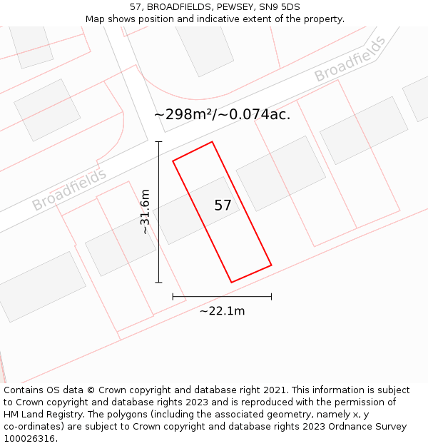 57, BROADFIELDS, PEWSEY, SN9 5DS: Plot and title map