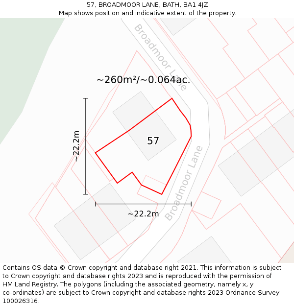 57, BROADMOOR LANE, BATH, BA1 4JZ: Plot and title map