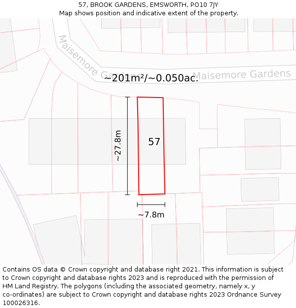 57, BROOK GARDENS, EMSWORTH, PO10 7JY: Plot and title map