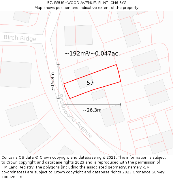 57, BRUSHWOOD AVENUE, FLINT, CH6 5YG: Plot and title map