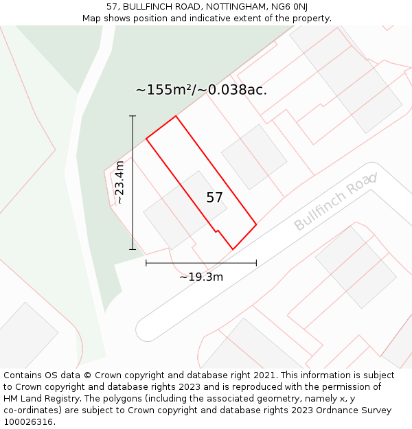 57, BULLFINCH ROAD, NOTTINGHAM, NG6 0NJ: Plot and title map