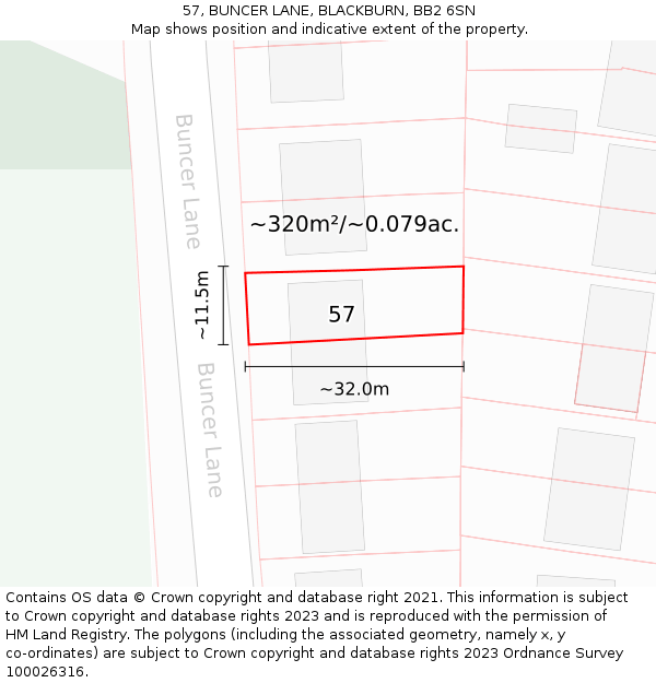 57, BUNCER LANE, BLACKBURN, BB2 6SN: Plot and title map