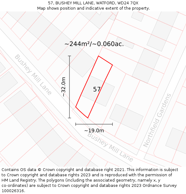 57, BUSHEY MILL LANE, WATFORD, WD24 7QX: Plot and title map