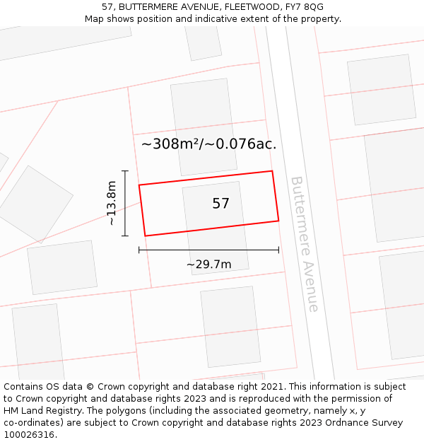 57, BUTTERMERE AVENUE, FLEETWOOD, FY7 8QG: Plot and title map