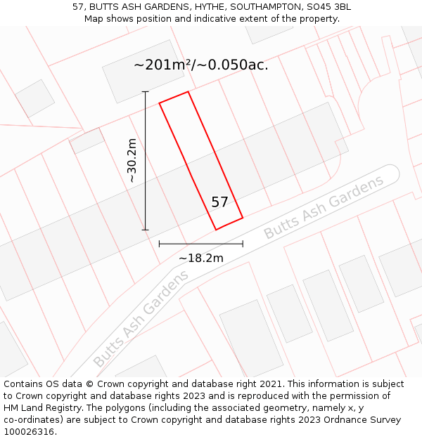 57, BUTTS ASH GARDENS, HYTHE, SOUTHAMPTON, SO45 3BL: Plot and title map