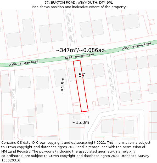 57, BUXTON ROAD, WEYMOUTH, DT4 9PL: Plot and title map