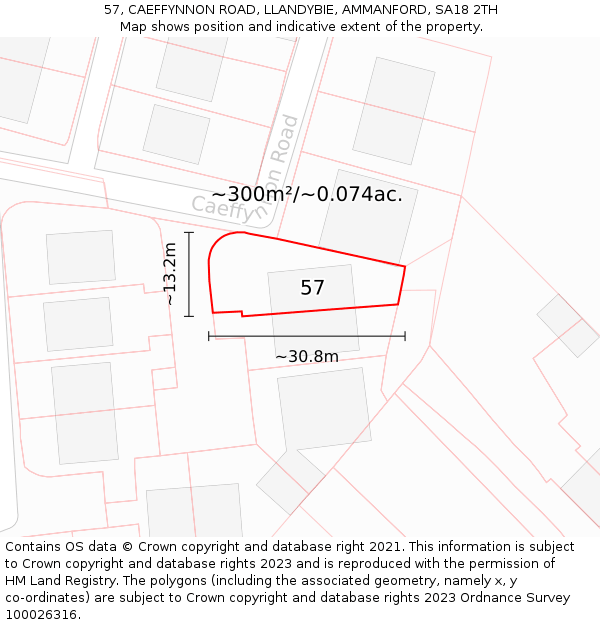 57, CAEFFYNNON ROAD, LLANDYBIE, AMMANFORD, SA18 2TH: Plot and title map