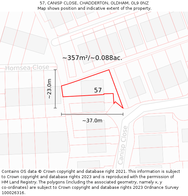 57, CANISP CLOSE, CHADDERTON, OLDHAM, OL9 0NZ: Plot and title map