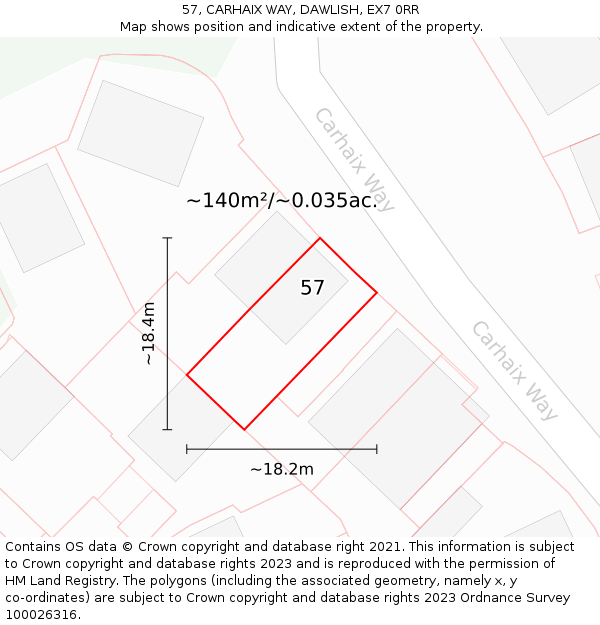 57, CARHAIX WAY, DAWLISH, EX7 0RR: Plot and title map