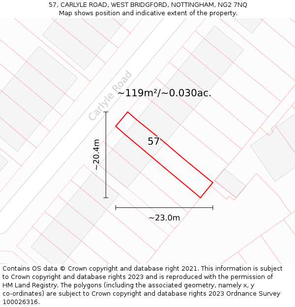 57, CARLYLE ROAD, WEST BRIDGFORD, NOTTINGHAM, NG2 7NQ: Plot and title map