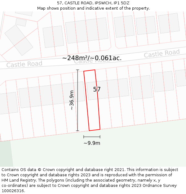 57, CASTLE ROAD, IPSWICH, IP1 5DZ: Plot and title map