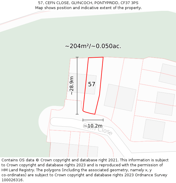 57, CEFN CLOSE, GLYNCOCH, PONTYPRIDD, CF37 3PS: Plot and title map